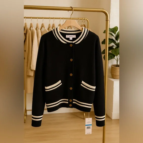 Nanette Lepore Black & Cream Varsity Cardigan Sweater Size XL NWT - Picture 2 of 11